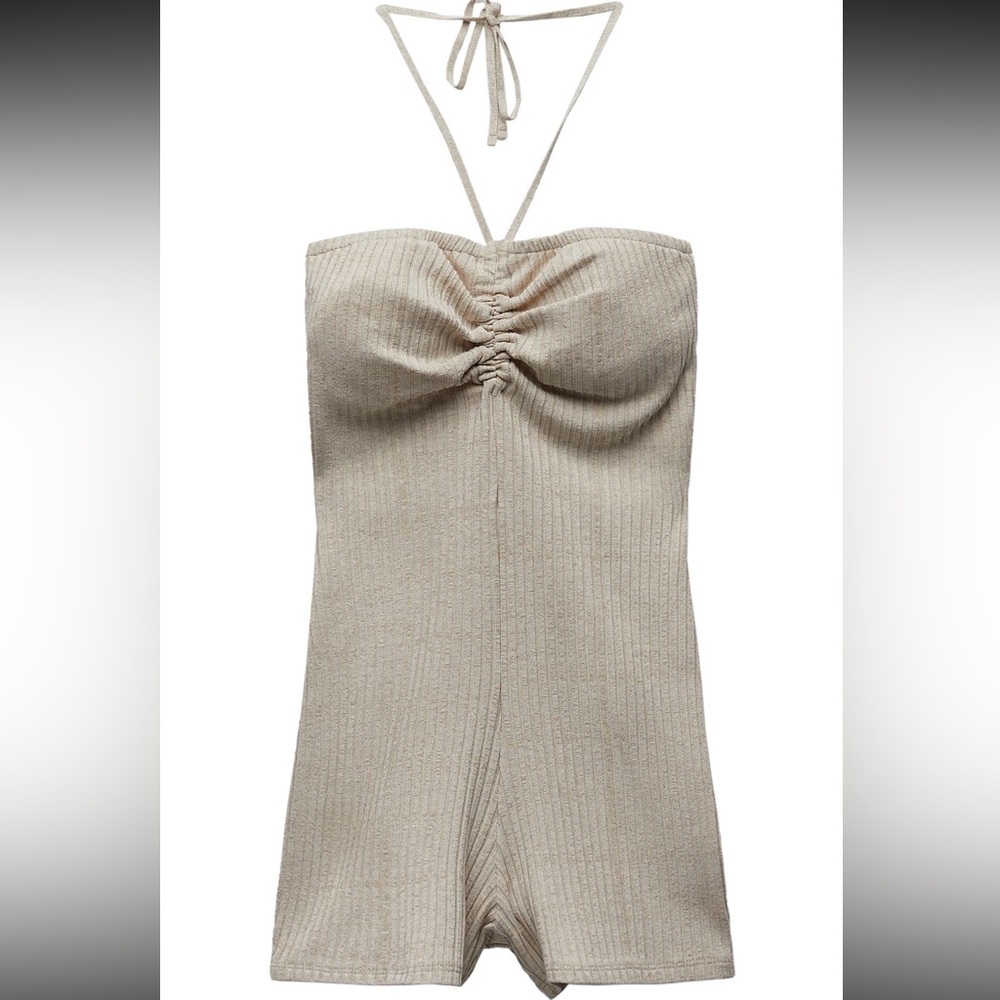 Zara ruched rib jumpsuit romper in sand